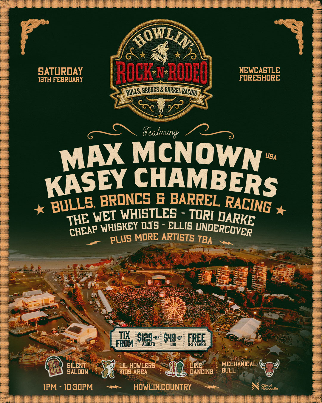 Howlin' Rock N Rodeo lineup poster — Max McNown, Kasey Chambers, The Wet Whistles, Tori Darke, Cheap Whiskey DJ's, Ellis Undercover, 1pm to 10:30pm at Newcastle Foreshore