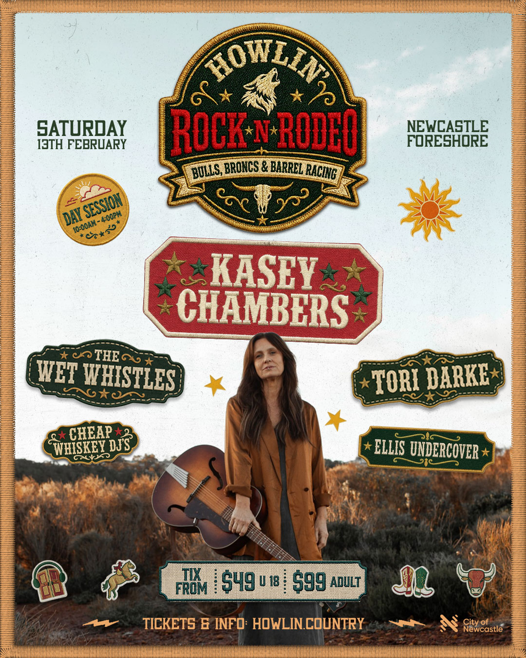 Howlin' Rock N Rodeo Day Session lineup poster — Kasey Chambers, The Wet Whistles, Tori Darke, Cheap Whiskey DJs, Ellis Undercover