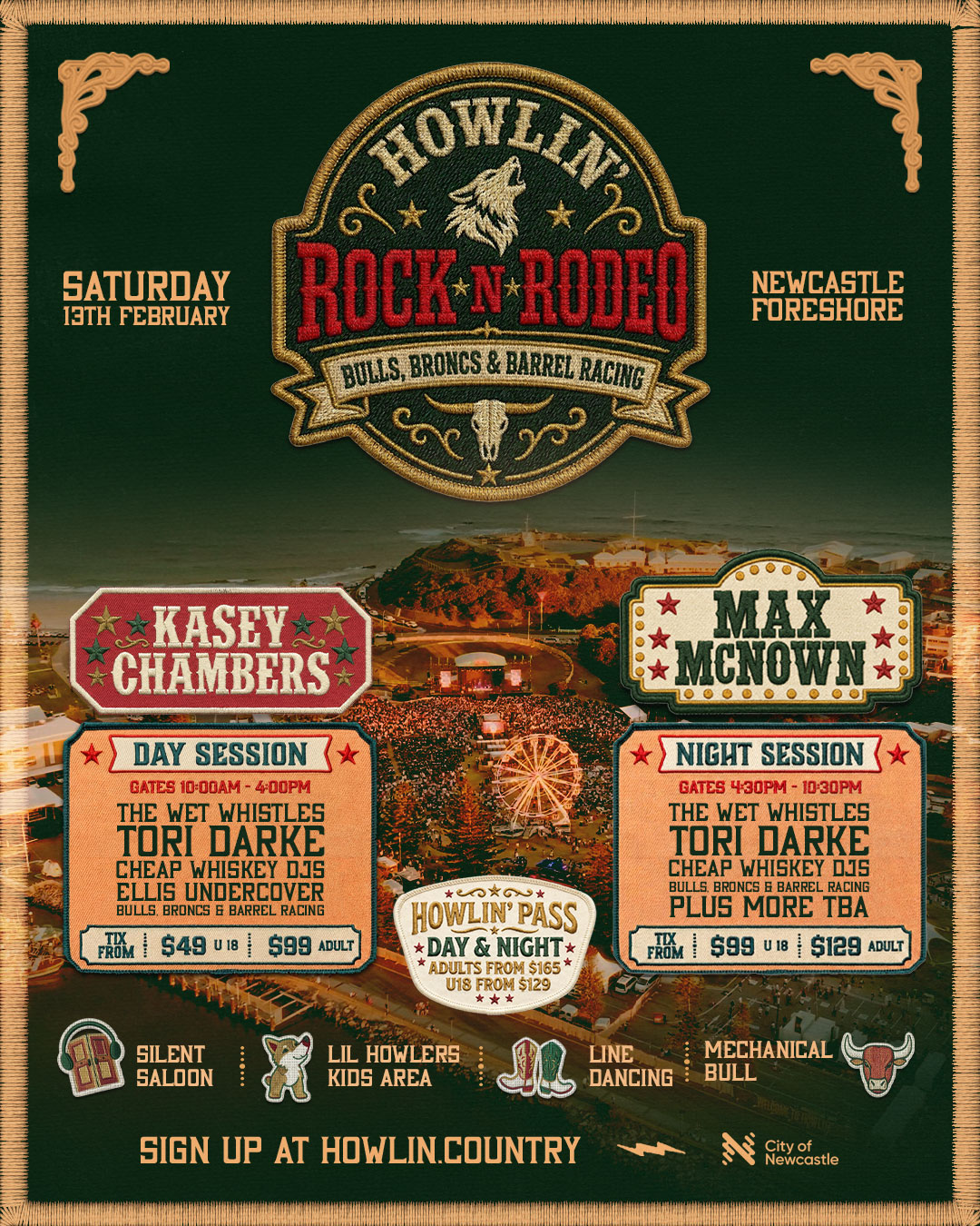 Howlin' Rock N Rodeo full lineup poster — Kasey Chambers, Max McNown, day and night session details